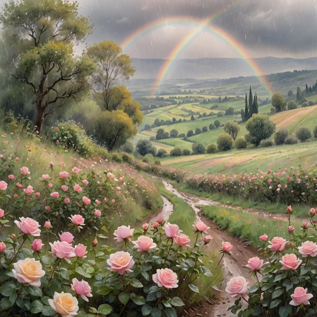 Impressionist Valley of Roses Under the Rain