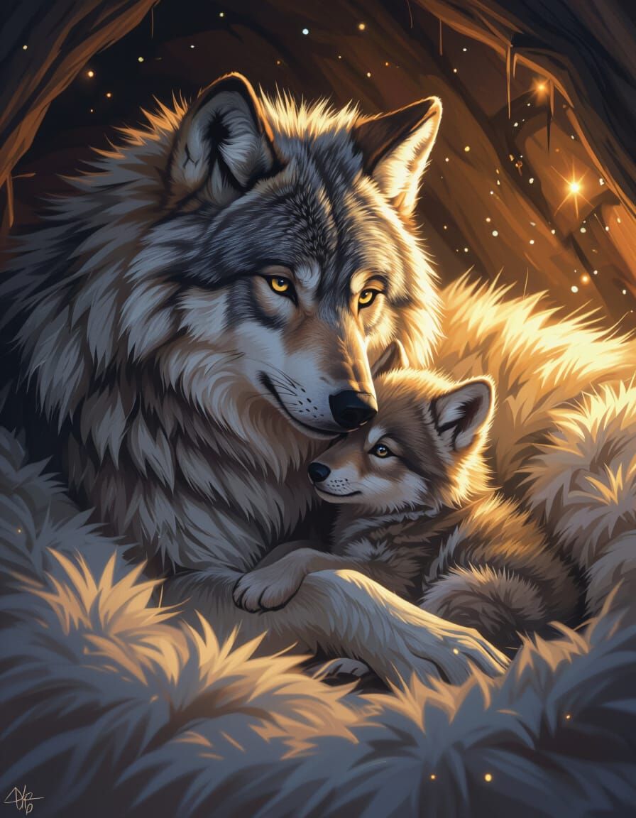 Cozy Wolf Mother and Cub in Cinematic Realism