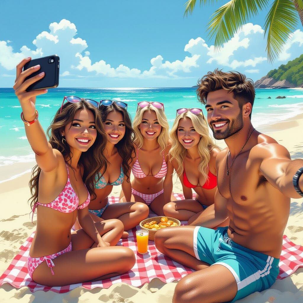 Girls' Beach Selfie in Comic Book Art Style