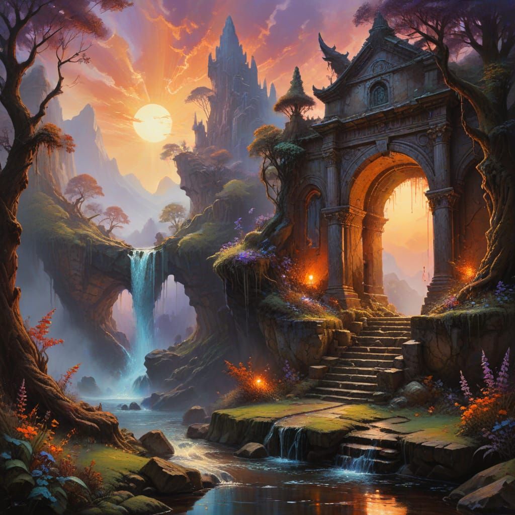 Ethereal Sunset with Radiant Fairy and Ancient Ruins