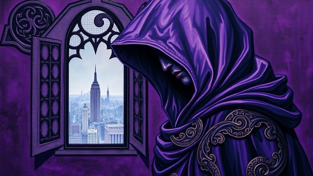 Mysterious Purple Witch with Celtic Cloak in Art Deco Style