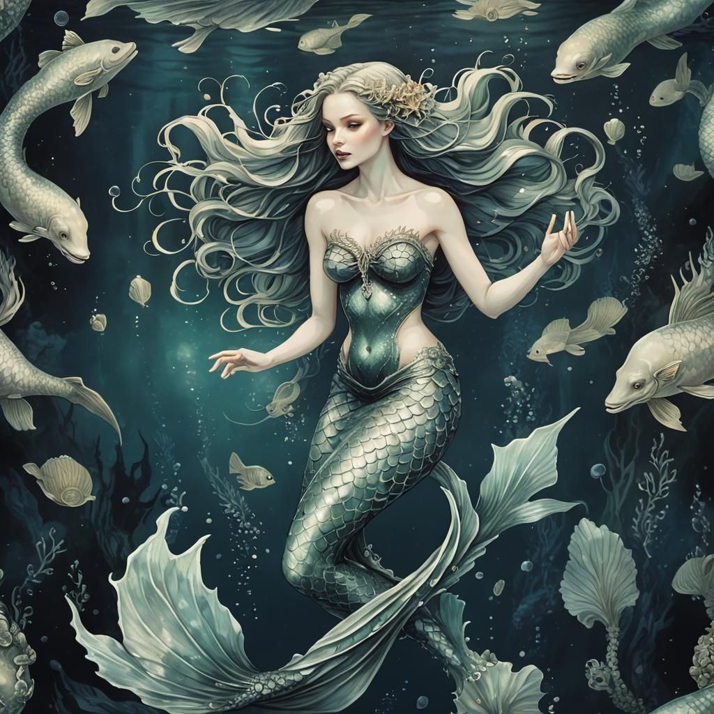 Ethereal Mermaid Swimming in the Dark Depths
