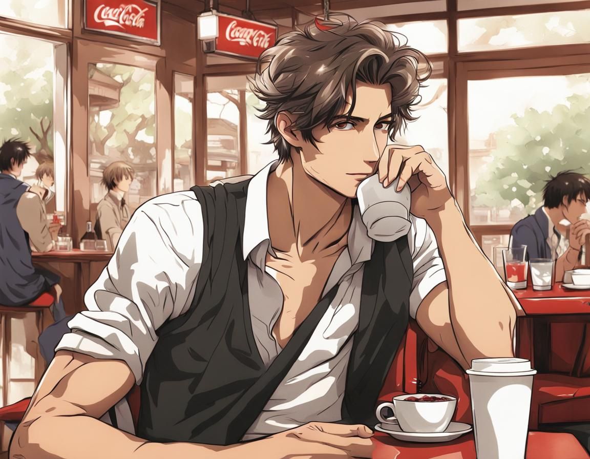 Handsome young man sitting in a cafe drinking coke, anime style by Hanamichi Sakuragi