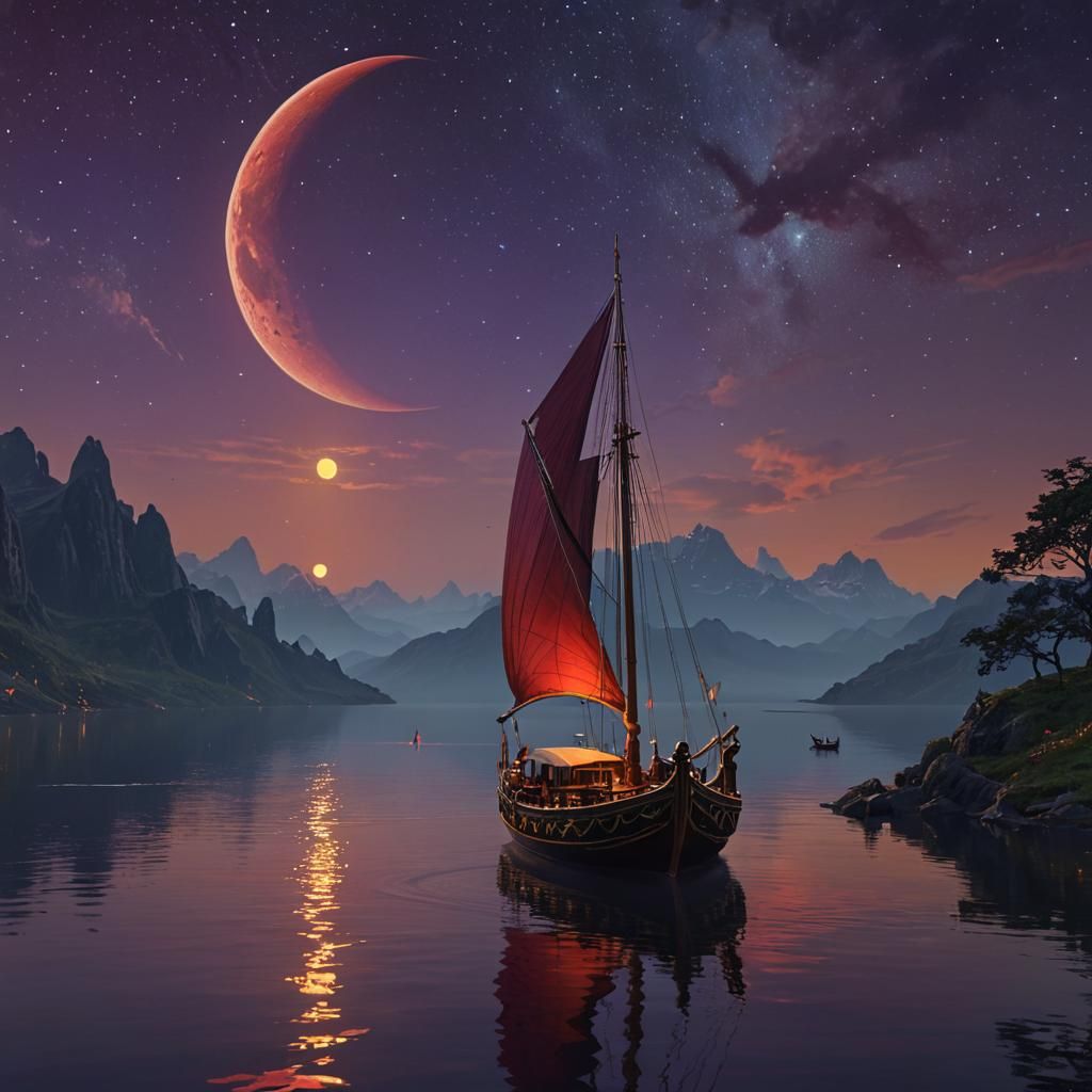 Ethereal Crescent Moon Over Lake Sailing Boat