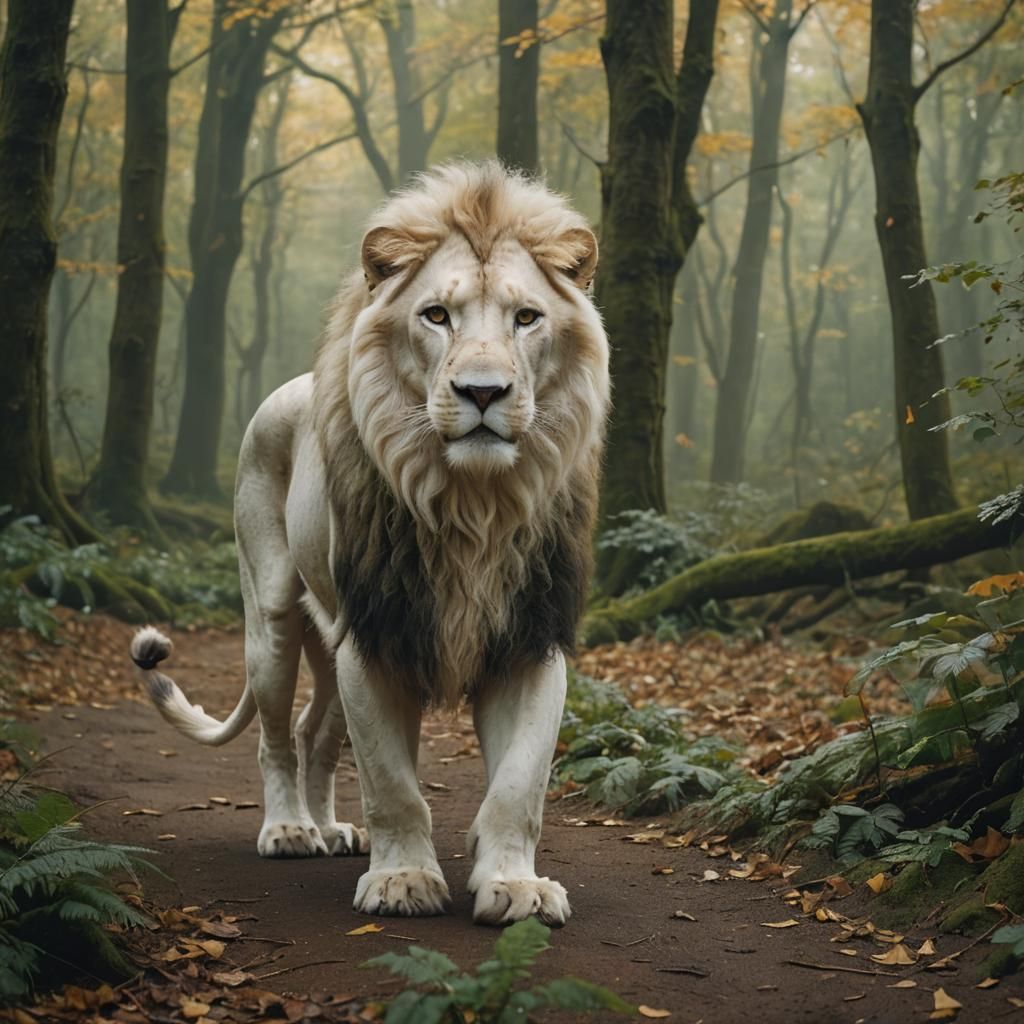 White Lion in Forest: Cinematic Film Still