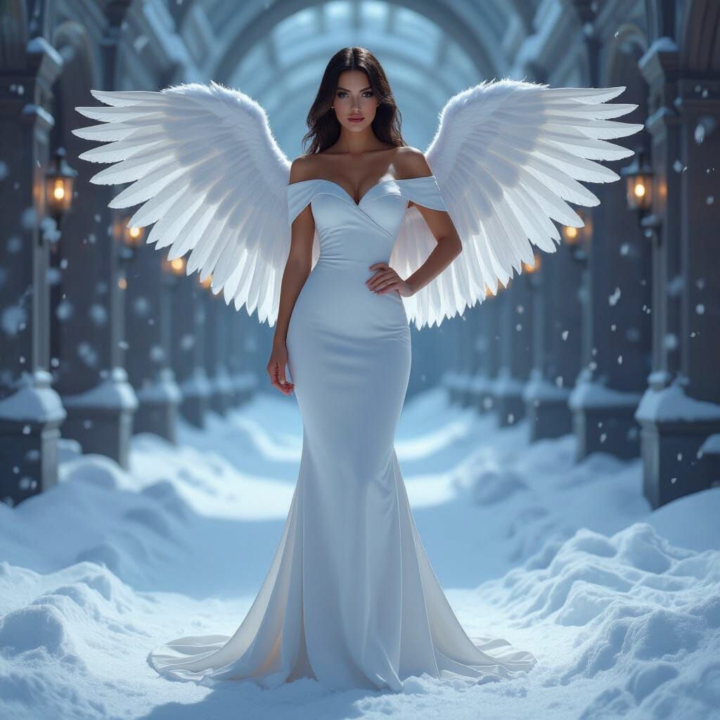 Beautiful Snow Angel With Supermodel Face in Fantasy Art Sty...