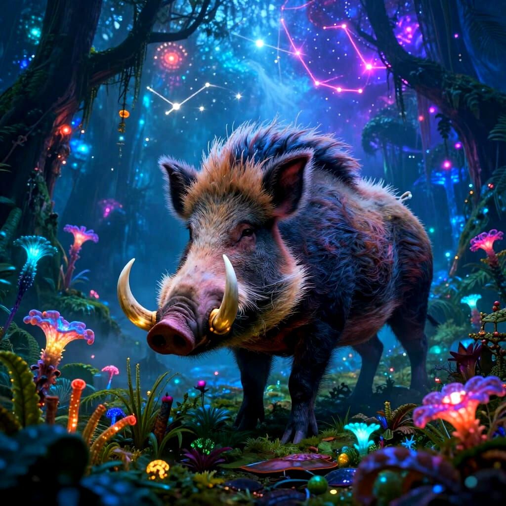 Colossal Alien Boar in Bioluminescent Jungle