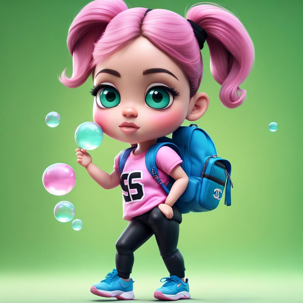 Realistic Chibi Girl with Bubble Gum, 3D Digital Art