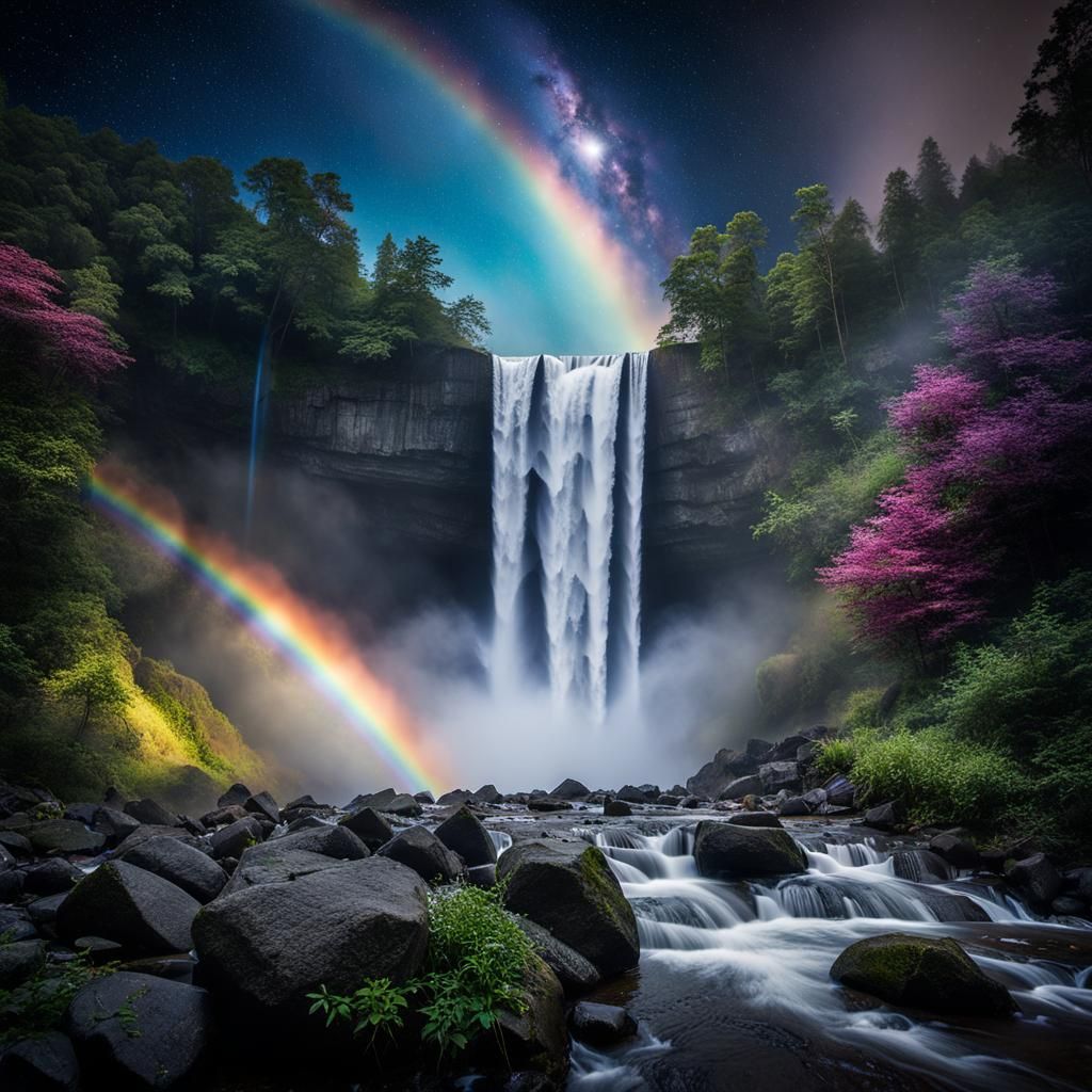 Moonlit Waterfall Rainbow in Galaxy Sky: Hyperrealistic Phot...