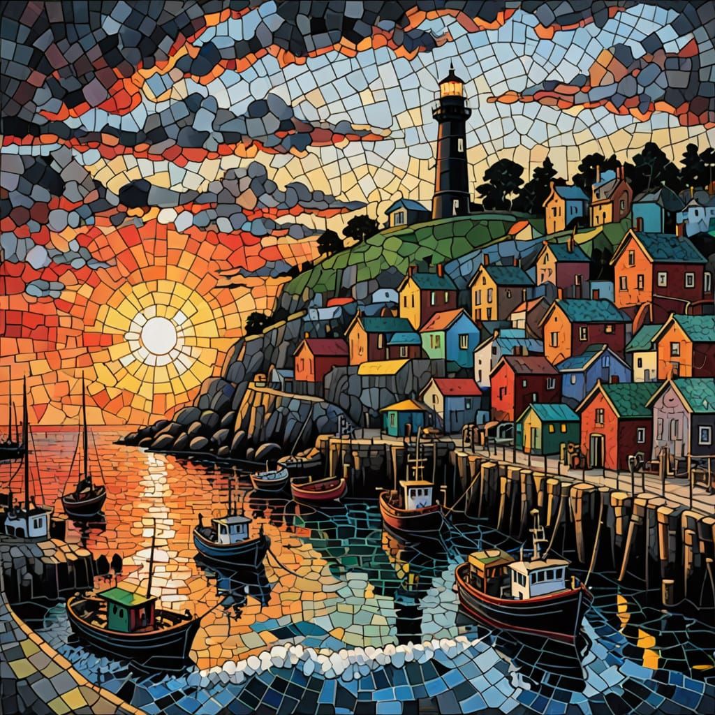 Gemstone Mosaic of a Bustling Fishing Port