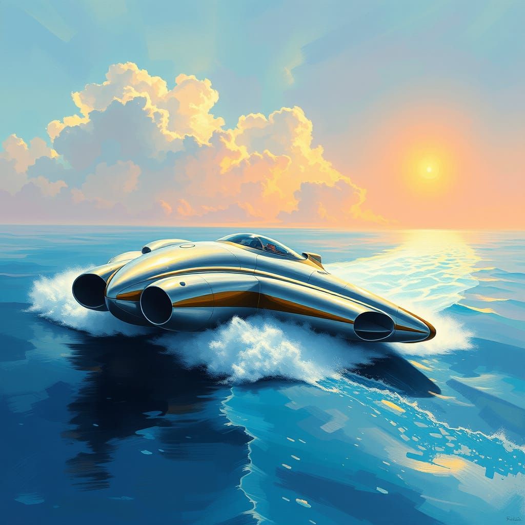 Futuristic Speedboats in Art Deco Style, Racing Across Iride...