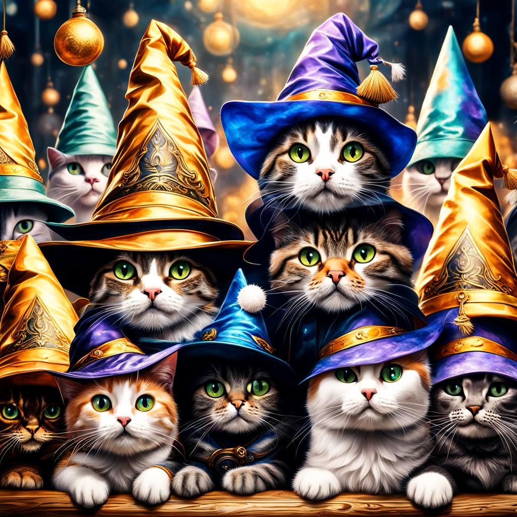 Cats in Wizard Hats with Intricate Details
