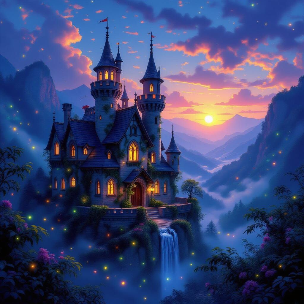 Luminescent Castle in Valley at Sunset