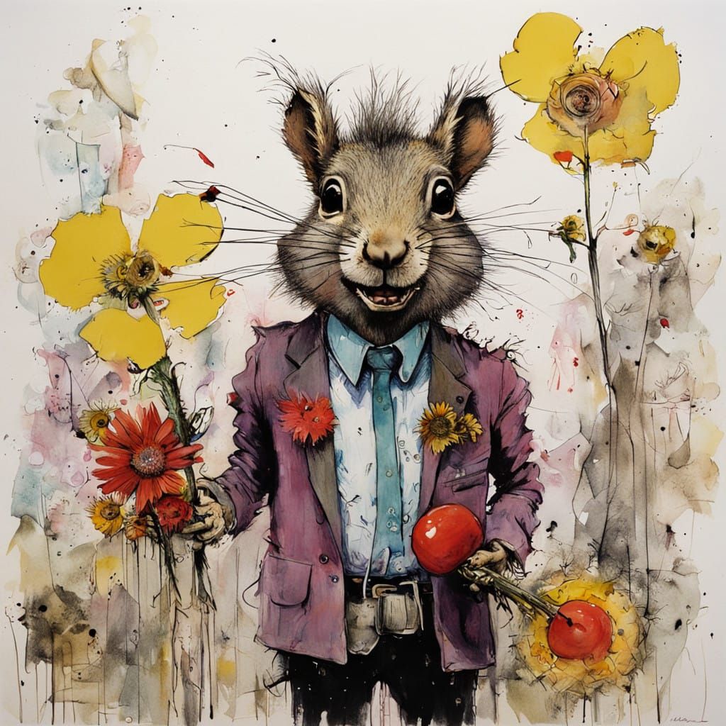 Grunge Squirrel Portrait in Mixed Media