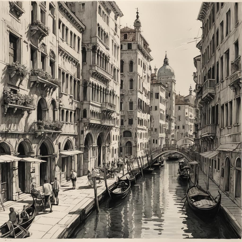 Venice Street Scene in Summer, Urban Sketchbook Style