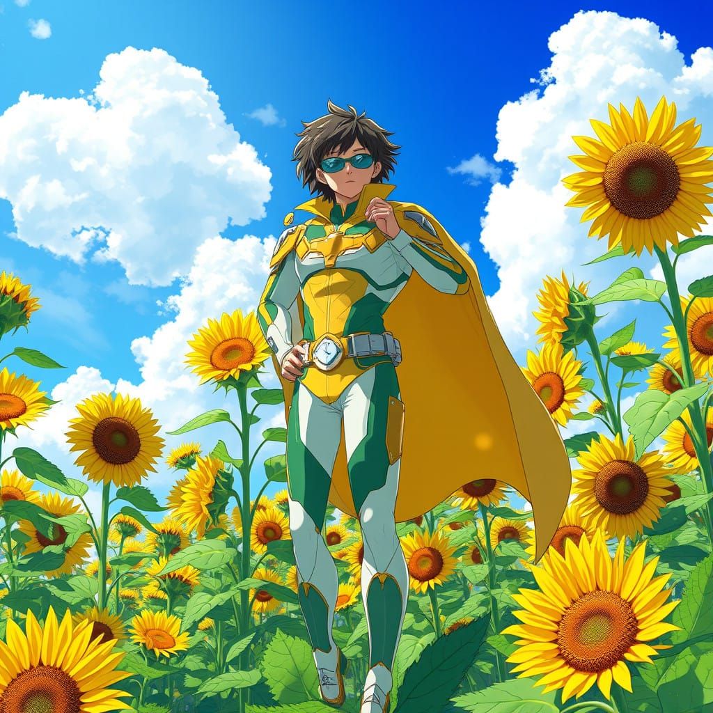 Solarpunk Superhero in Sunflower Field