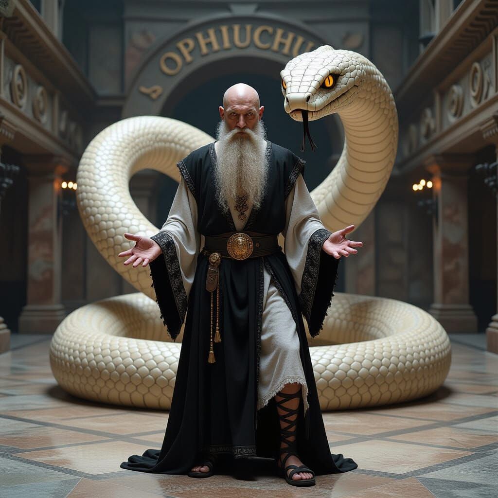 Pale Old Man Surrounded by Snake in Dark Hall