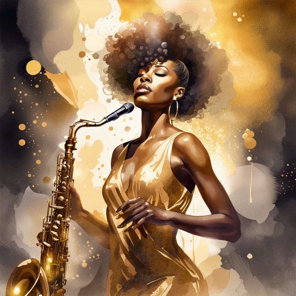 Glamorous Saxophone Player in Gold Glitter Dress