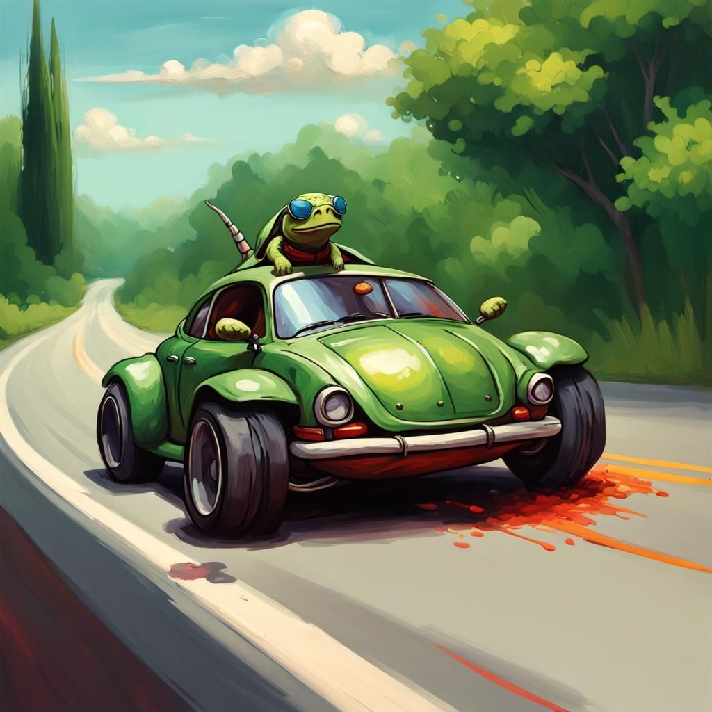 Cartoon Turtle Drives Car: An Impasto Impressionist Painting