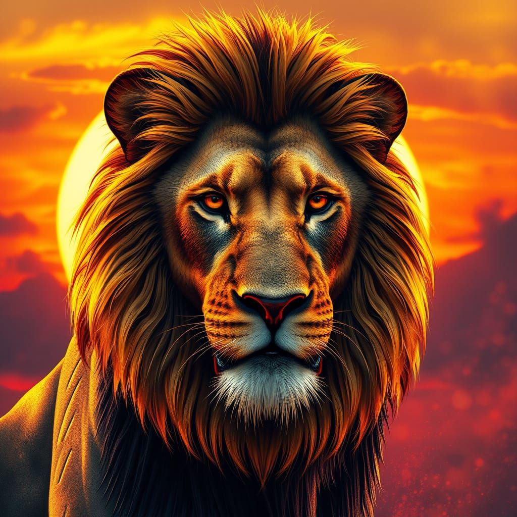 Regal Lion in Vibrant Metal Mosaic Sunset