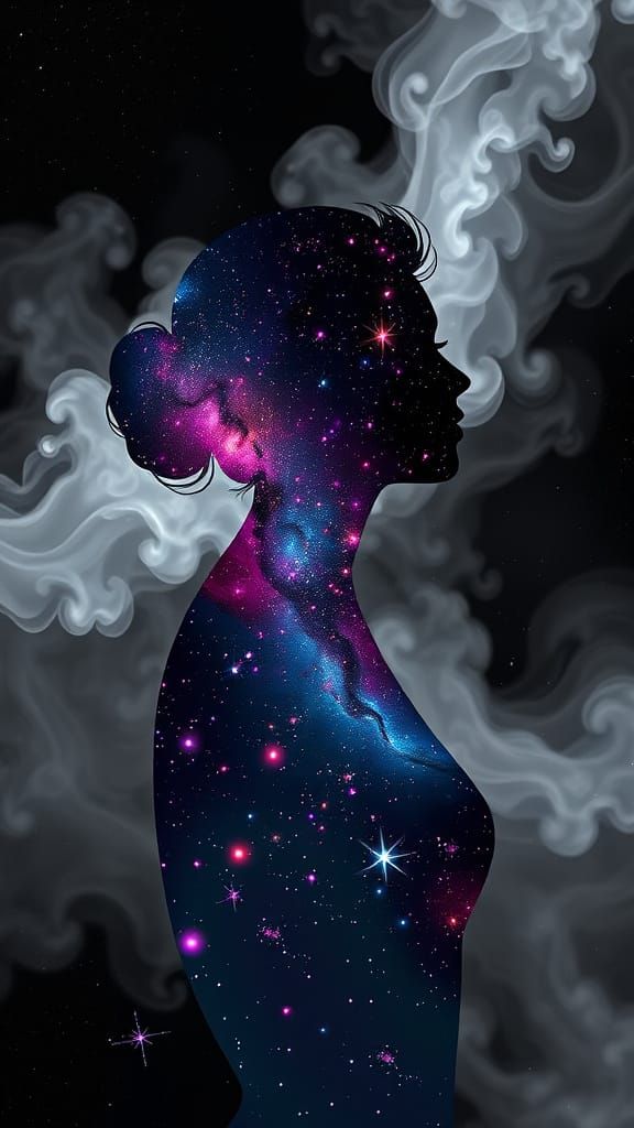 Nebula Woman Silhouette in Iridescent Stardust Style