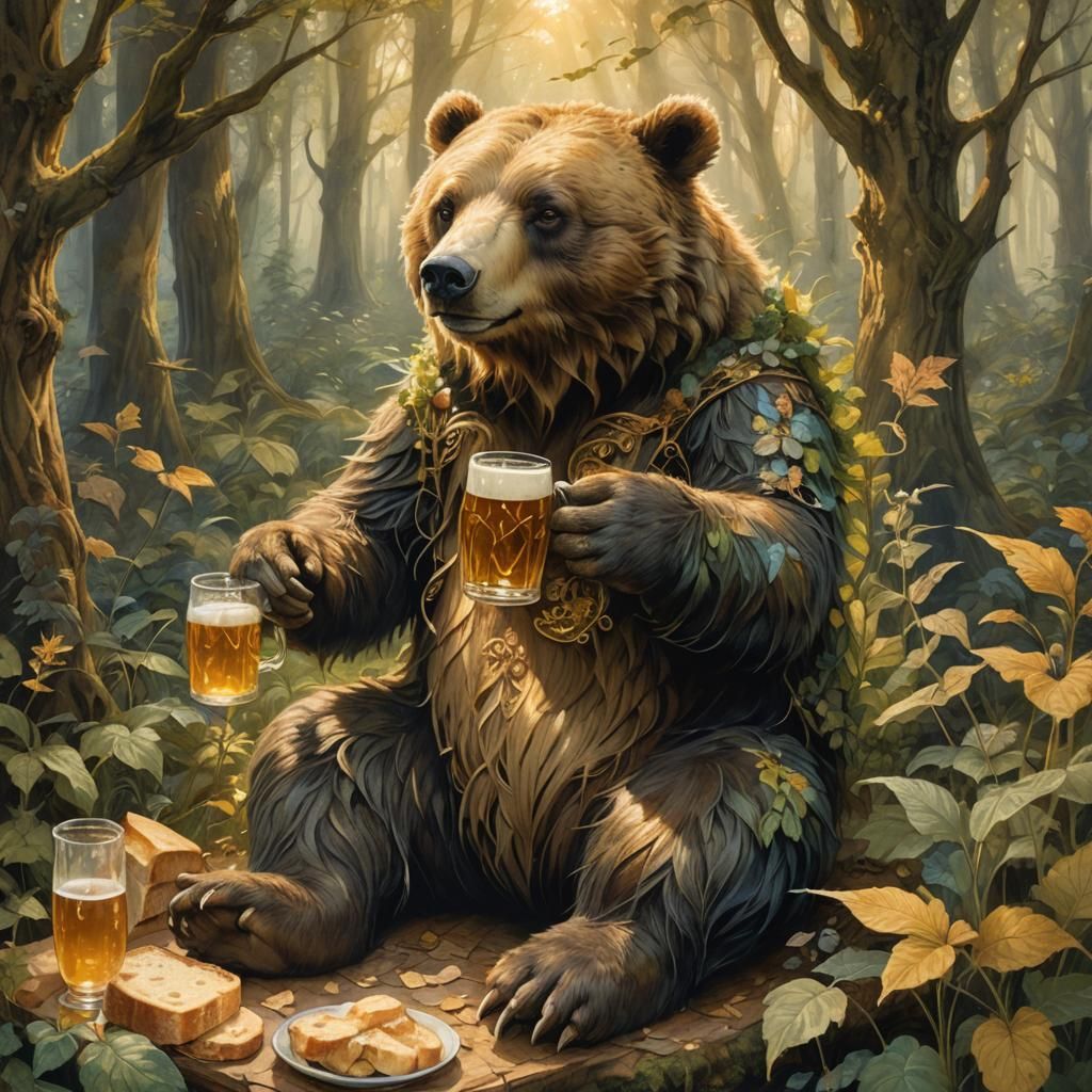 Fairy Bear Enjoys Beer in Whimsical Forest