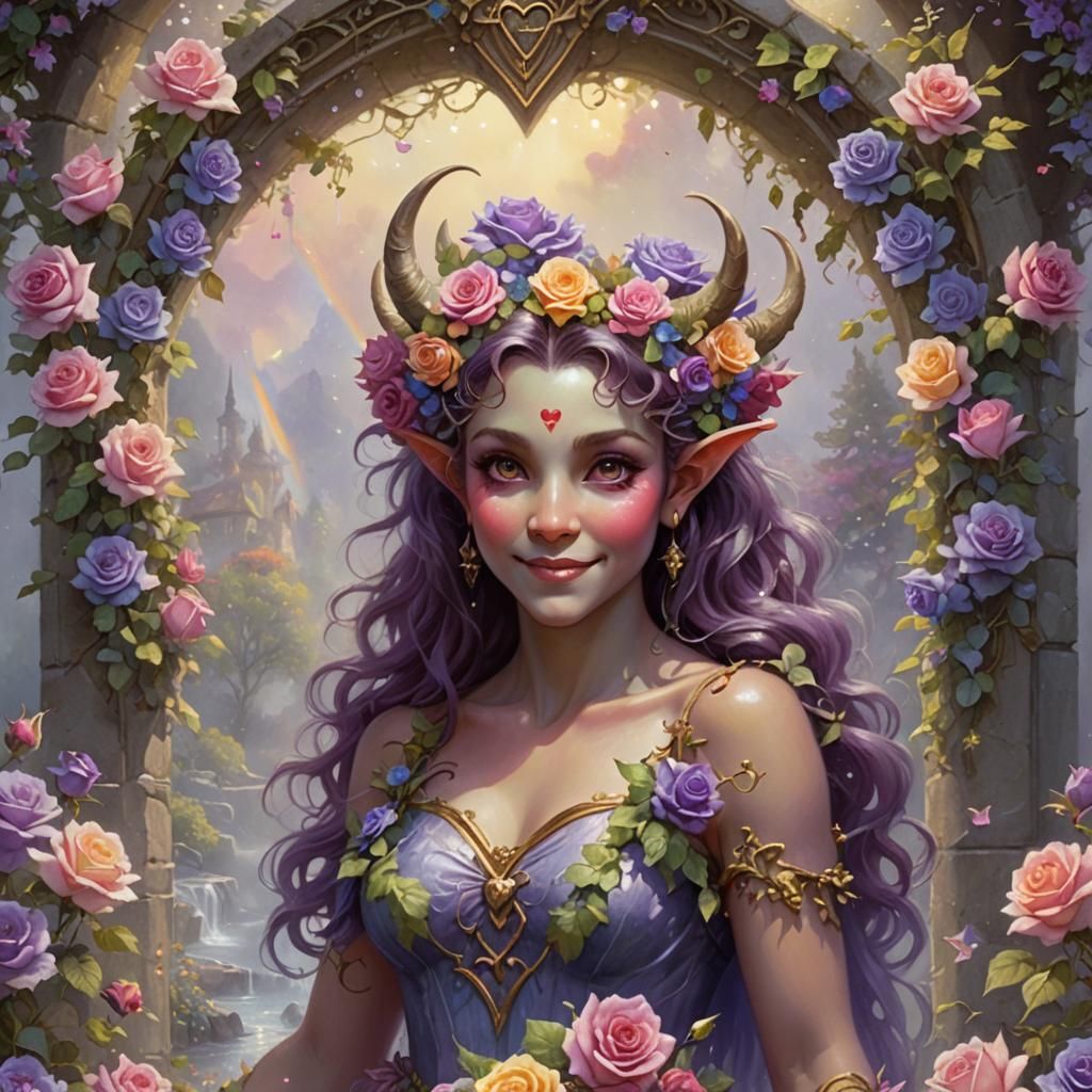Female Satyr Beneath Rainbow Rose Archway