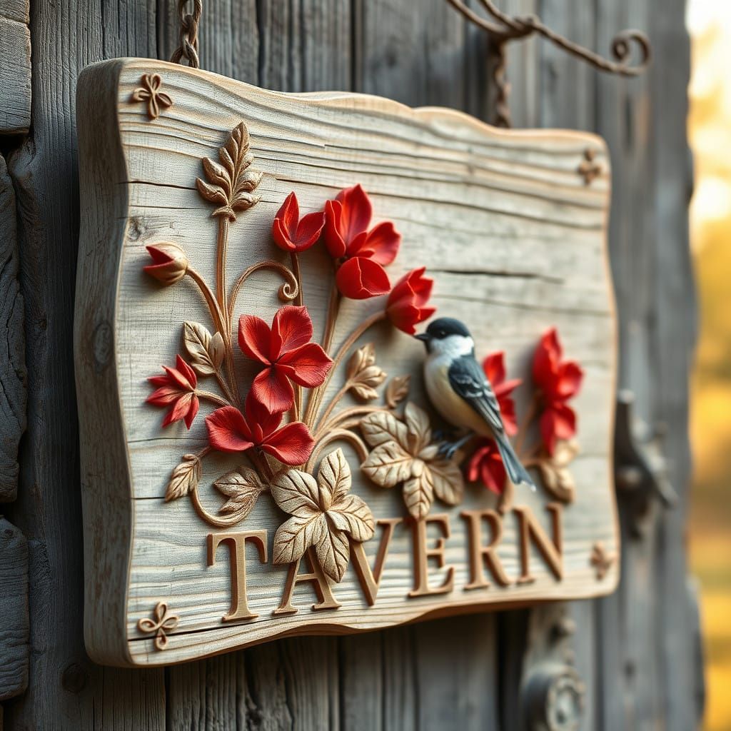 Weathered Wooden Tavern Sign with Carved Red Clover and Chic...