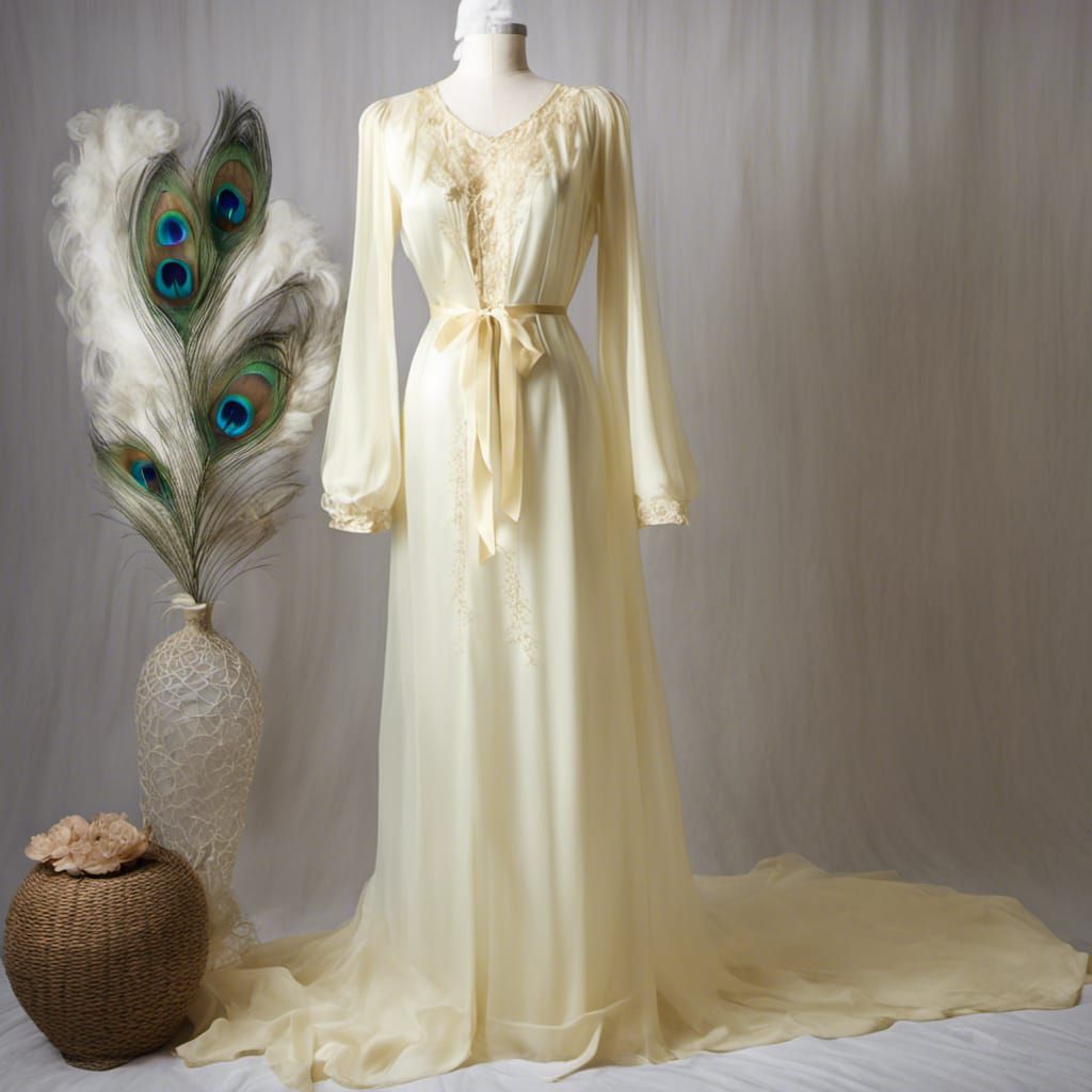 Pale Yellow Nightgown with Peacock Feathers