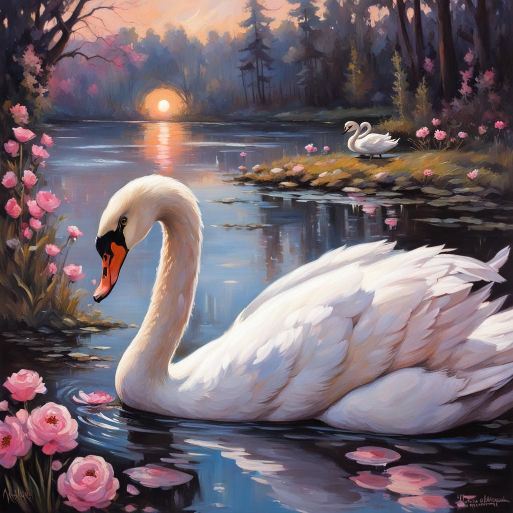 Swans Making a Heart in Fantasy Art Style