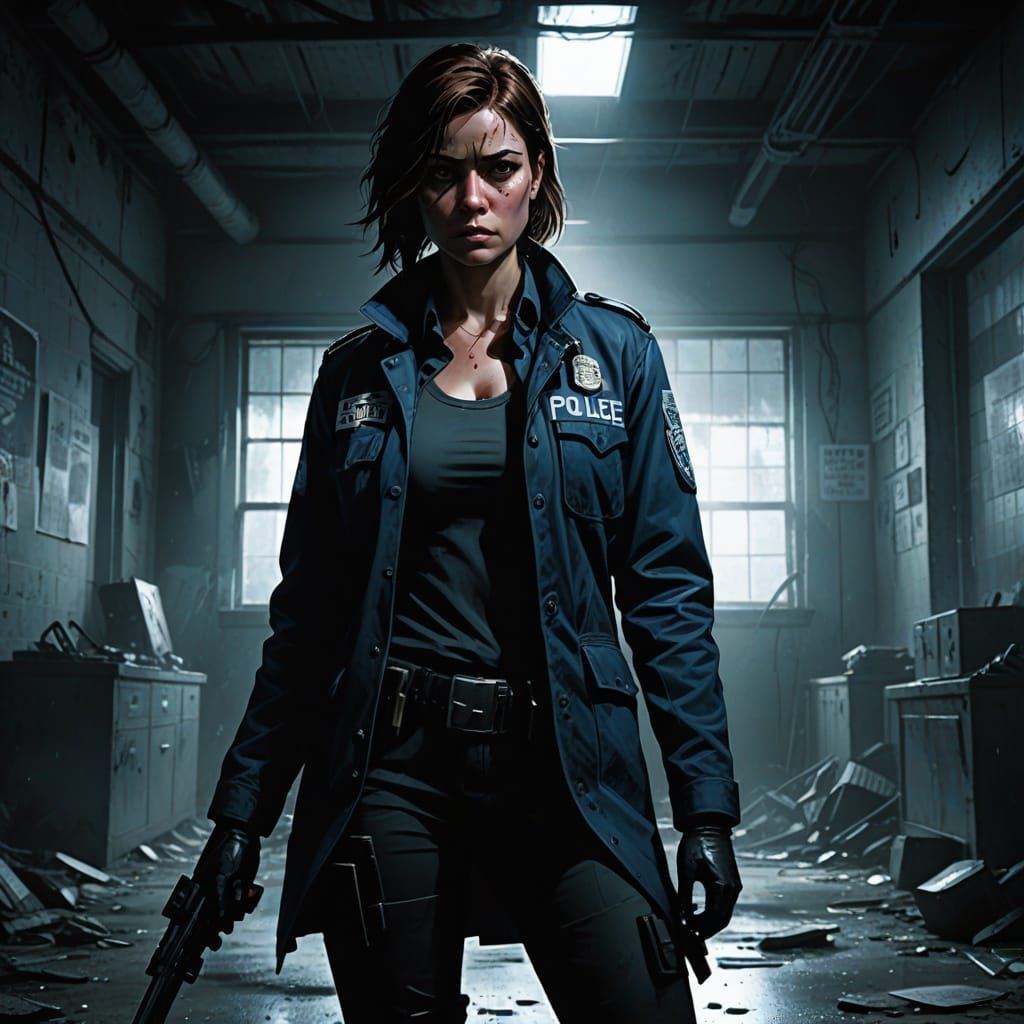 Gritty Police Officer in Abandoned Station, High Contrast Li...