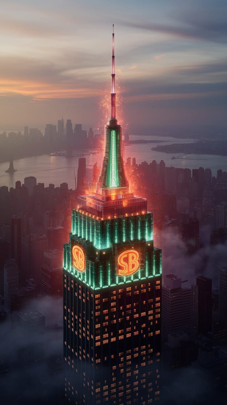 Ultra-Modern New York Tower with Crimson & Emerald Lights