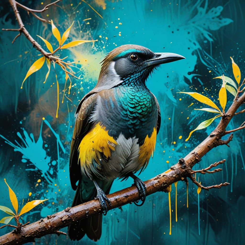 Vibrant Friarbird Portrait in Expressive Ink Brushstrokes
