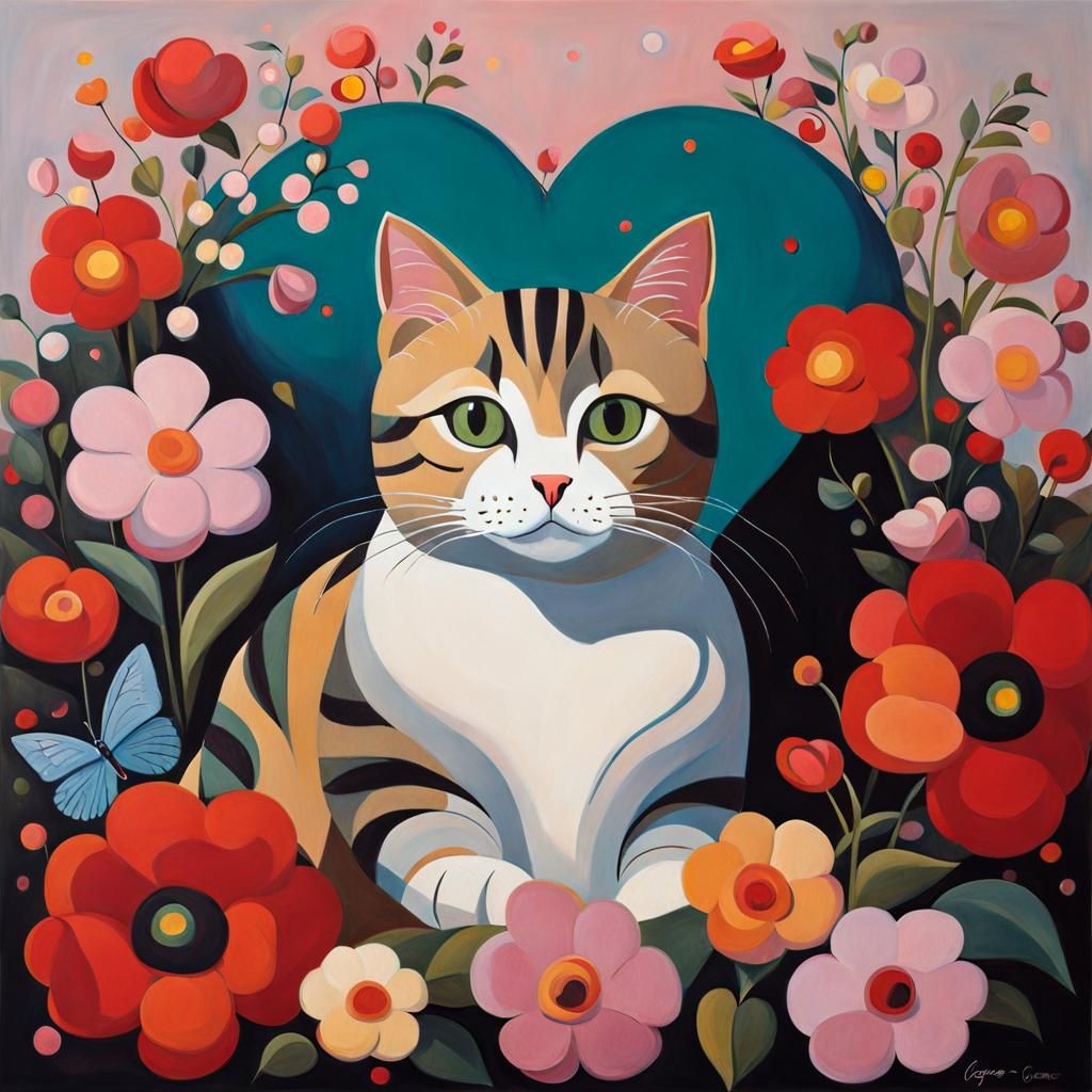 Cute Cat Surrounded by Flowers in Condo Style