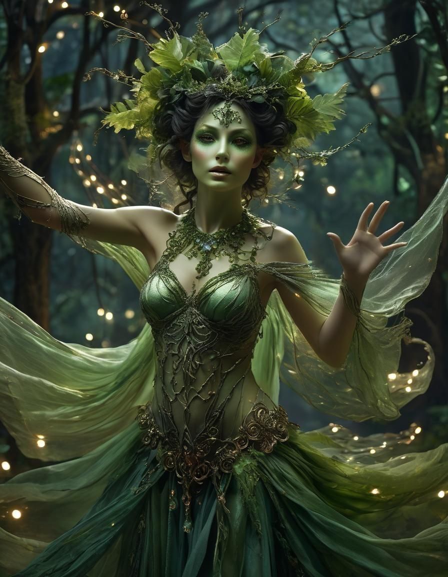Ethereal Green-Skinned Dryad with Fairy Lights