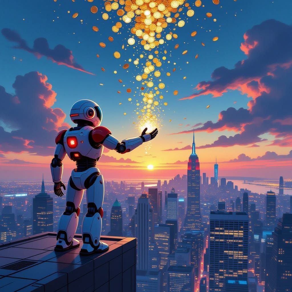 Robot Embraces Falling Coins Over Cityscape at Dusk