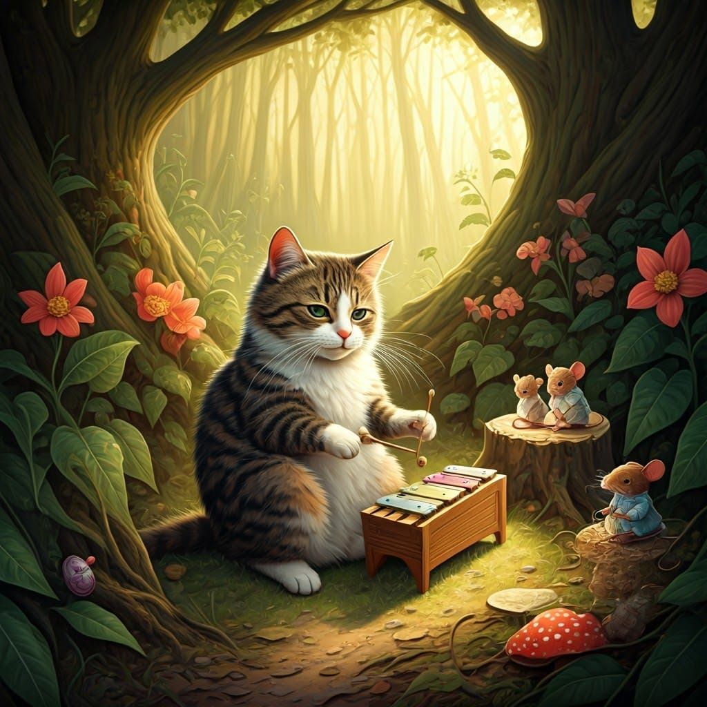 Cat Concert in Enchanted Forest, Oil Painting Style