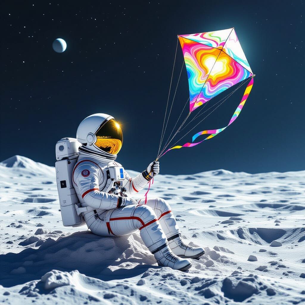 Astronaut on Moon Holding Kite: Photorealistic Image