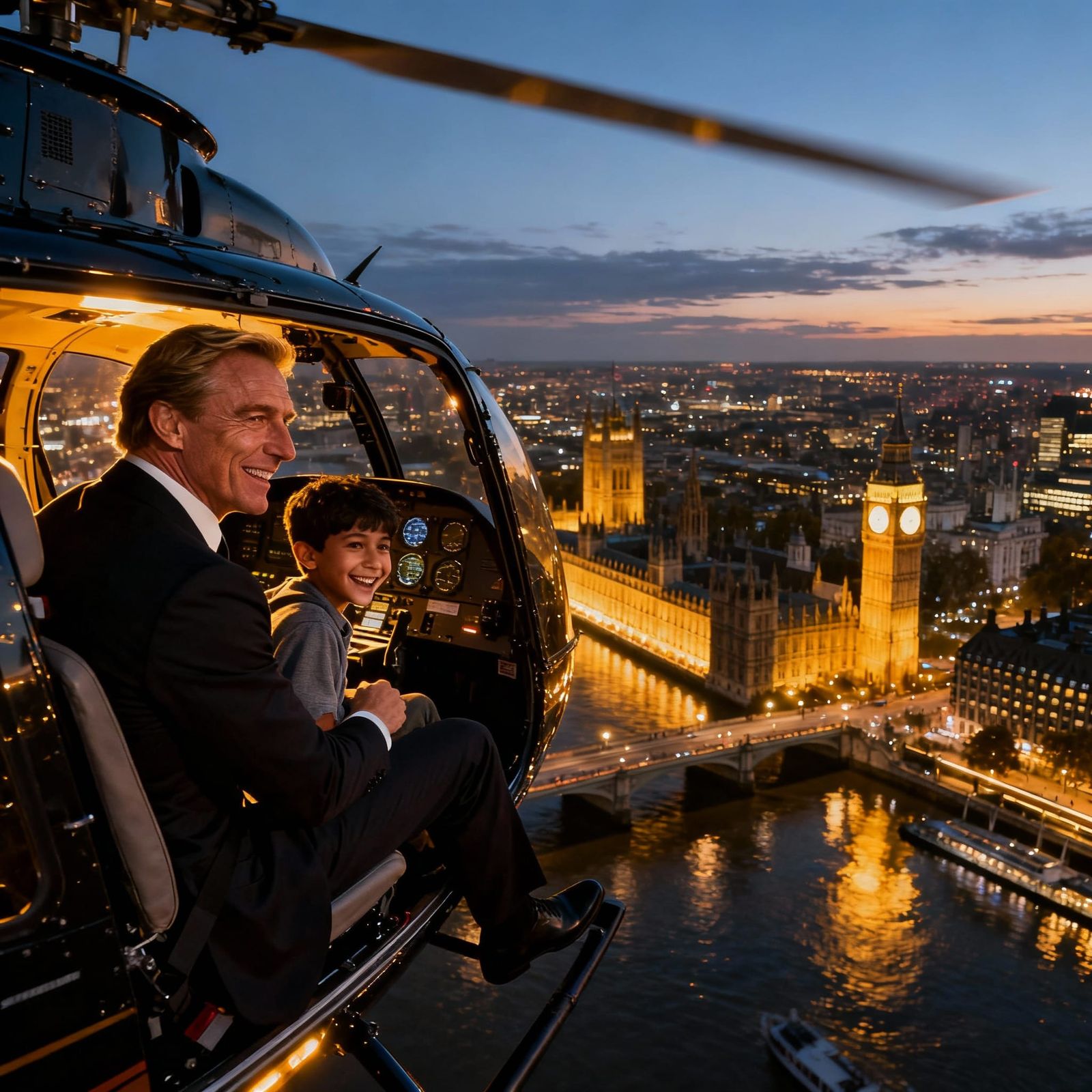 James Bond & Boy Fly Helicopter Over London at Dusk