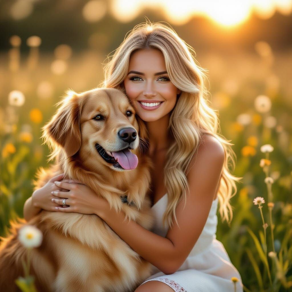 Woman Hugs Golden Retriever in Sunlit Meadow