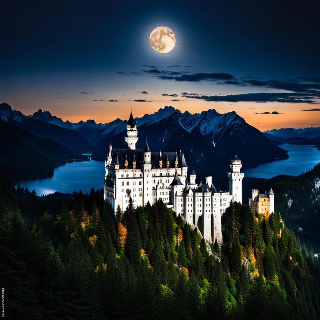 Neuschwanstein Castle Under Moonlight, Night Scene