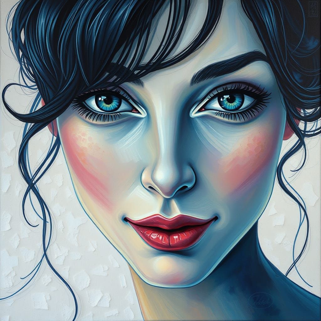 Beautiful Cel-Shaded Woman's Face in Neo-Impressionist Style