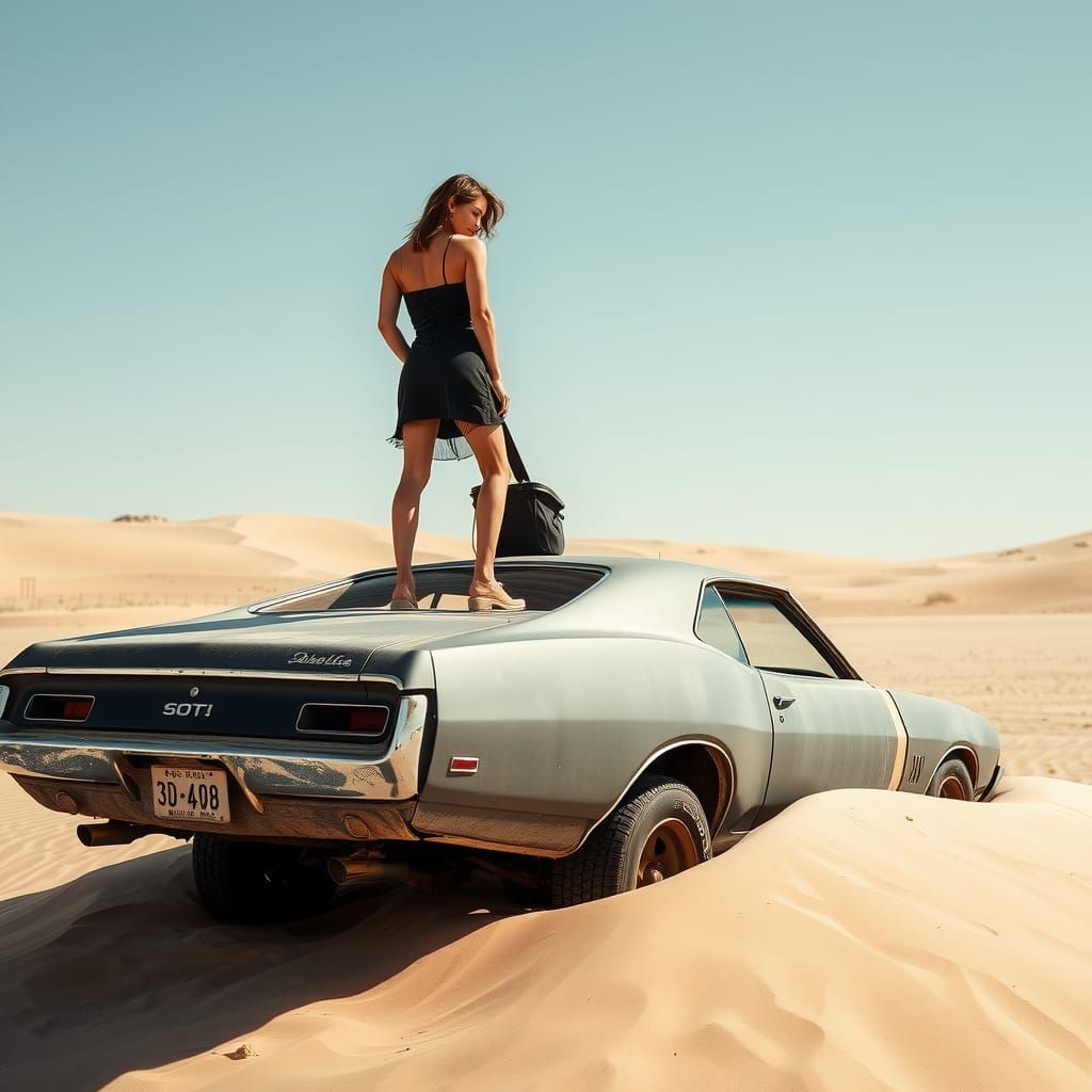Fashion Model Poses on Desert Muscle Car