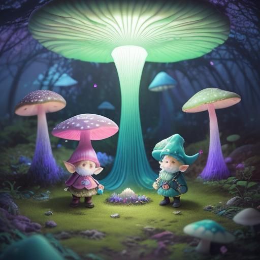 Gnomes Gather Around Glowing Mushroom in Anime Style