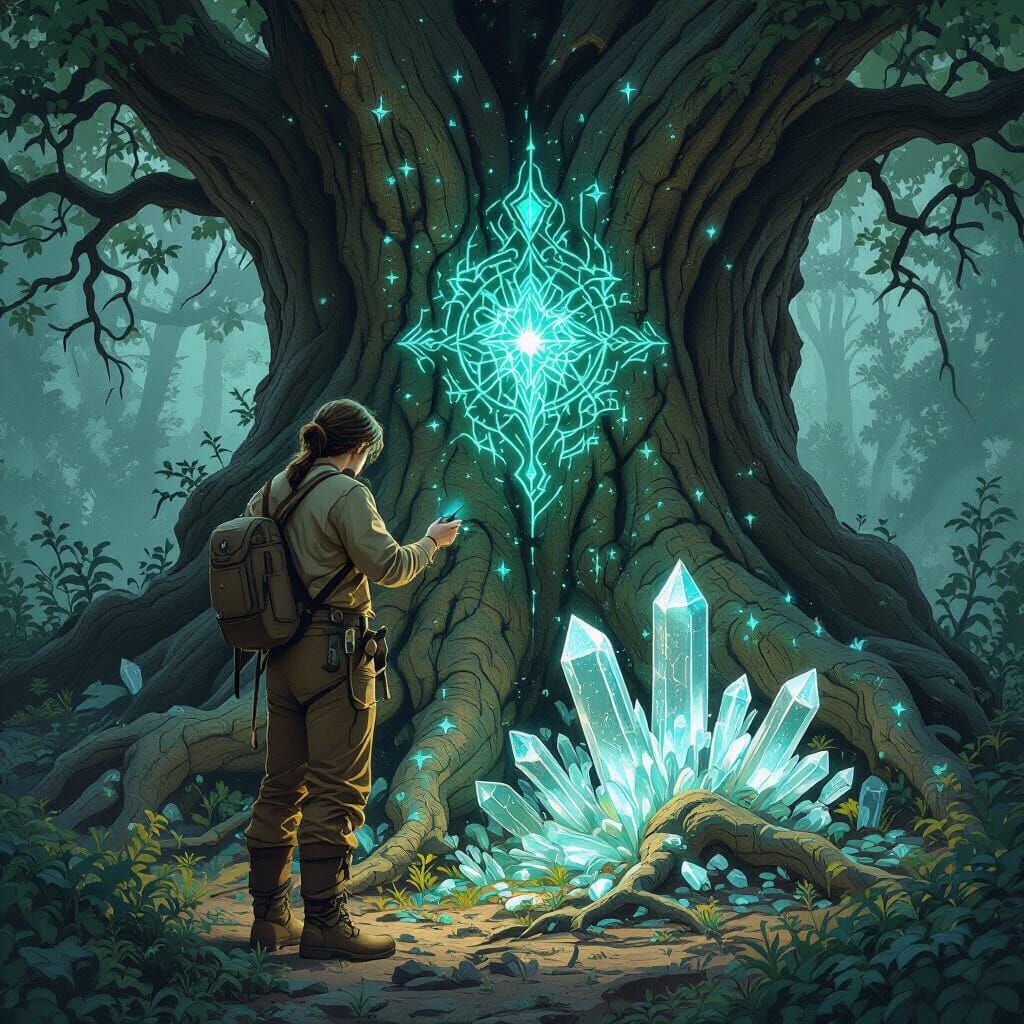 Arborist Inspects Ancient Tree in Ethereal Forest