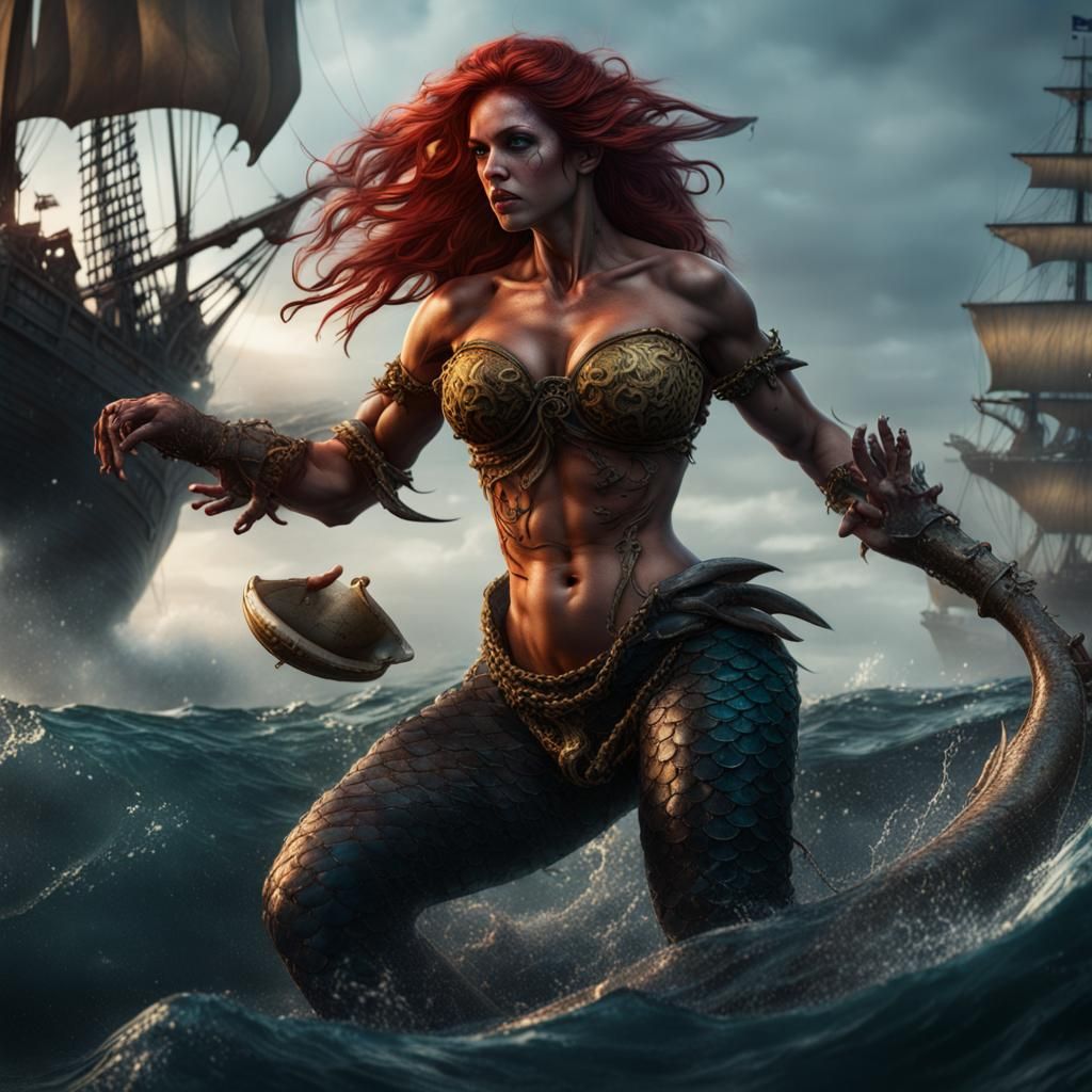 Hyperrealistic Evil Mermaid Capturing Pirates: Detailed Matt...