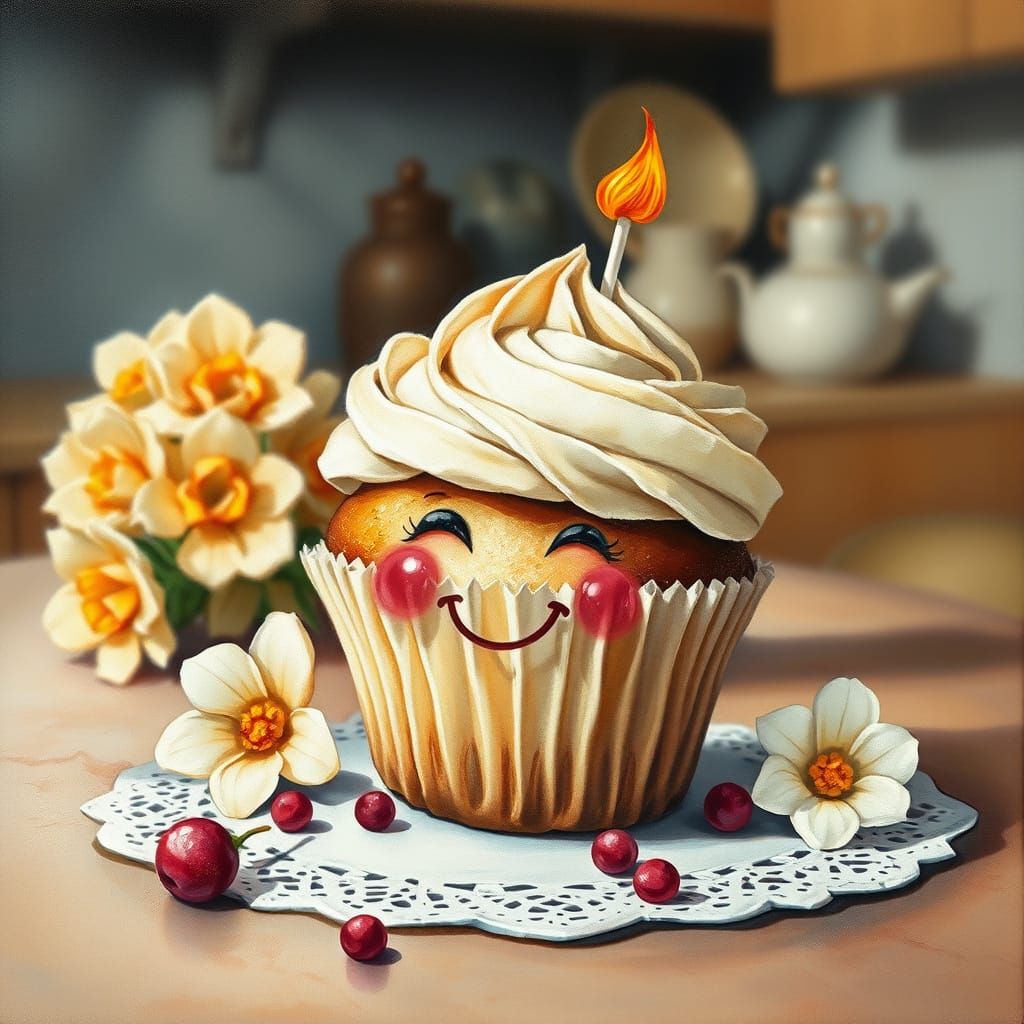 Happy Cupcake Charcoal Drawing in Impressionist Style