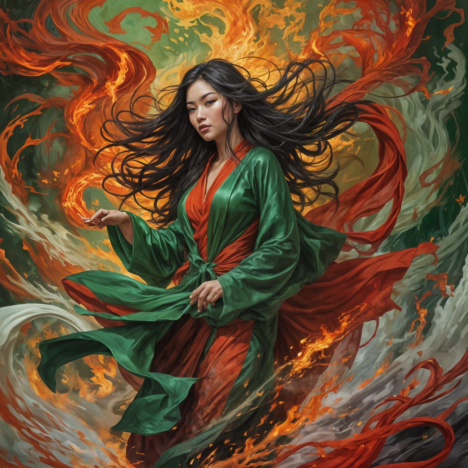 Fiery Portrait of Vietnamese Pyromancer in Gothic Fantasy