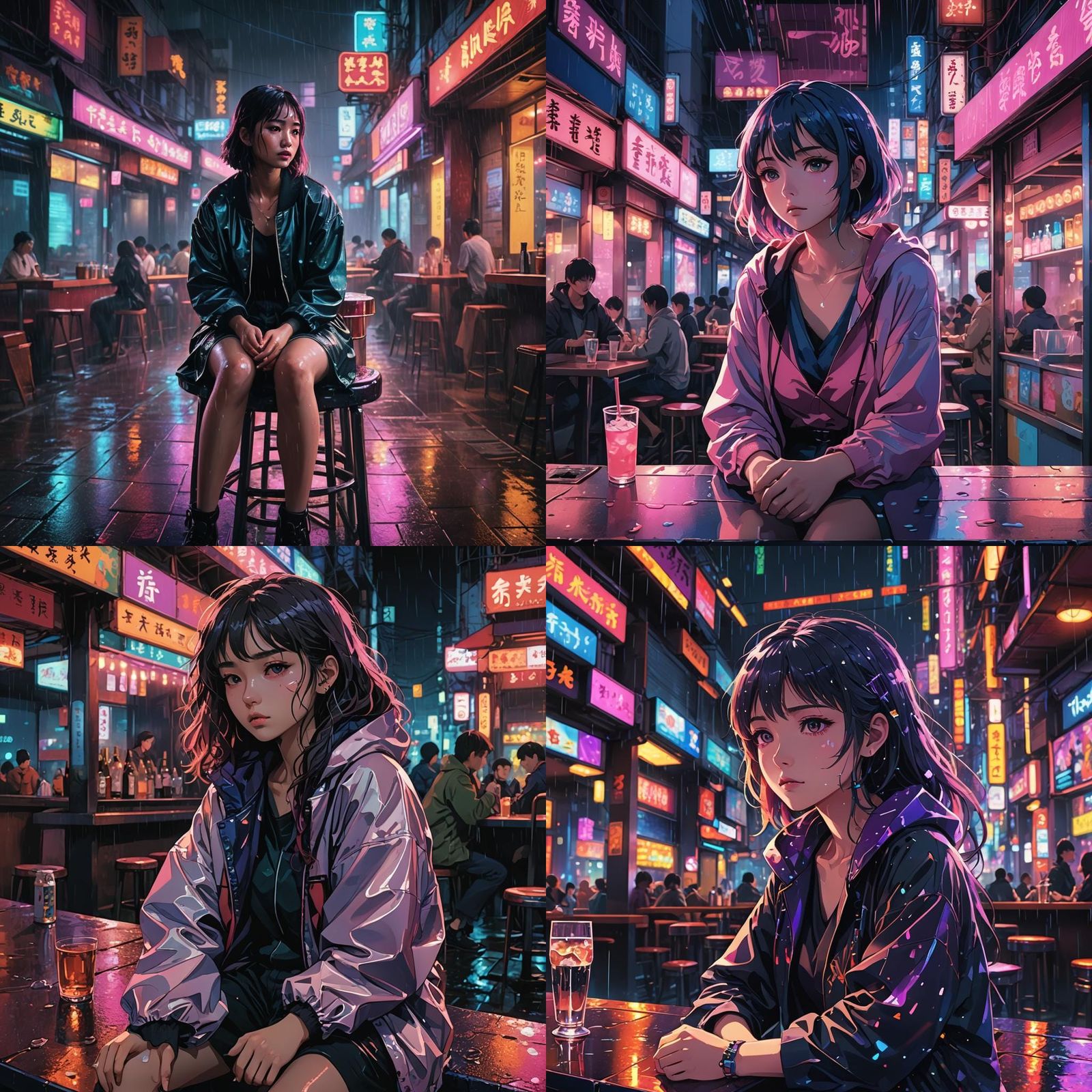 Sad Anime Woman in Neon Bar, Wong Kar Wai Style