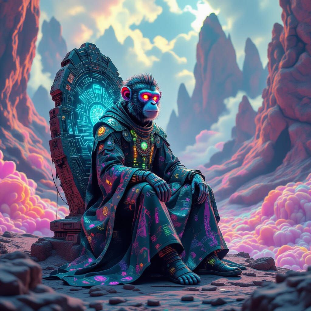 Biomechanical Monkey Meditating on Alien Artifact